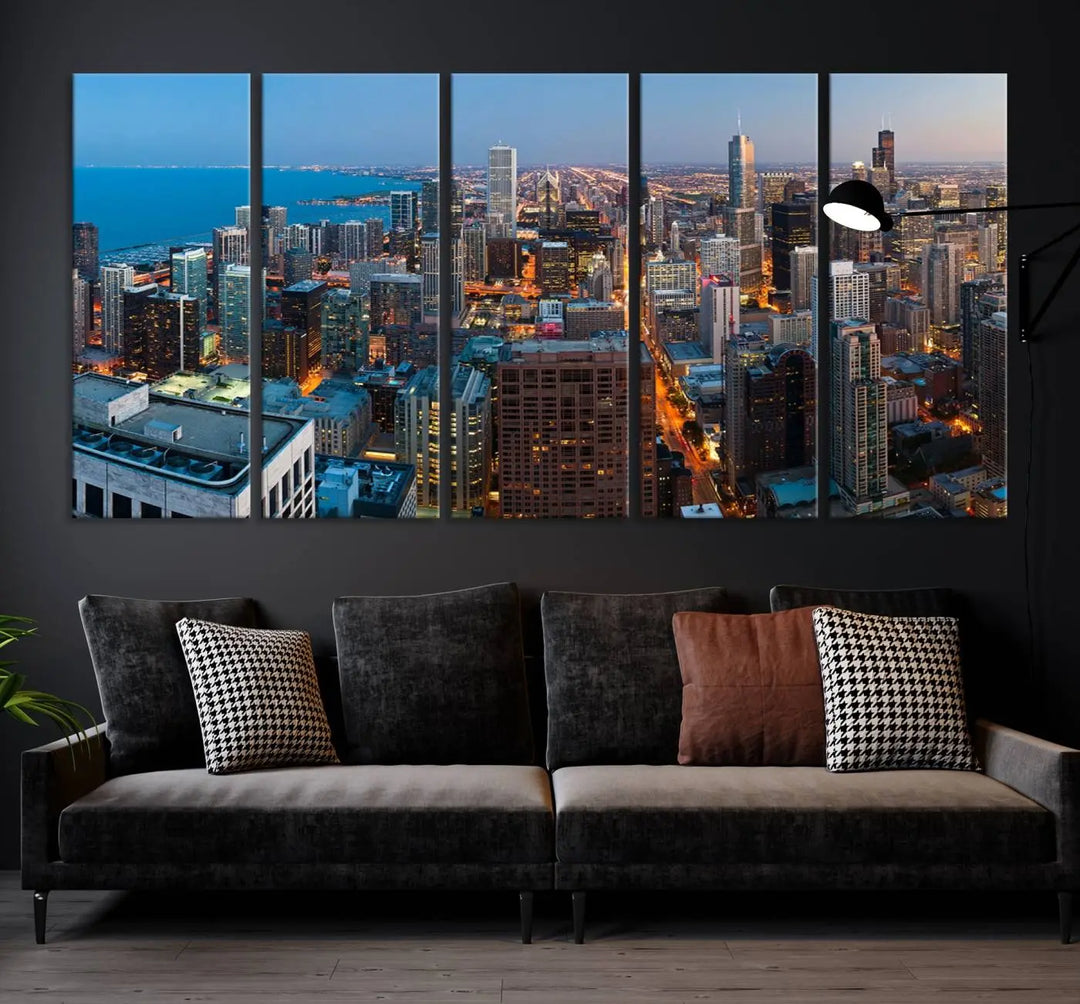 Product Name: Chicago Night Skyline Wall Art City Cityscape

Artwork Description: This artwork is a triptych depicting the Chicago city skyline at night. Created on museum-quality canvas with a UV-protective coating, it comes ready to hang and seamlessly enhances any space.