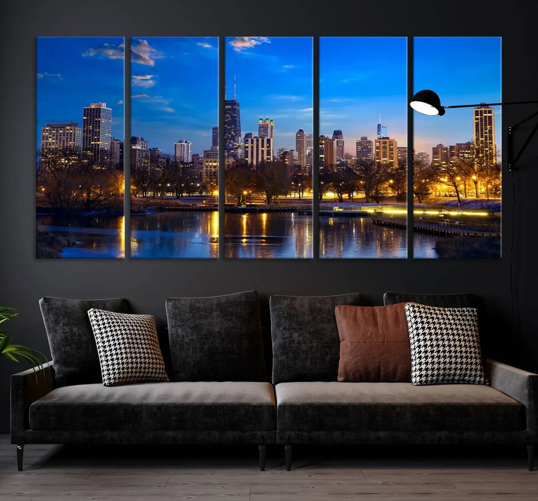 A triptych photo titled "Chicago City Lights Night Blue Skyline Cityscape View Wall Art Canvas Print" is elegantly displayed on gallery-wrapped, museum-quality canvases.