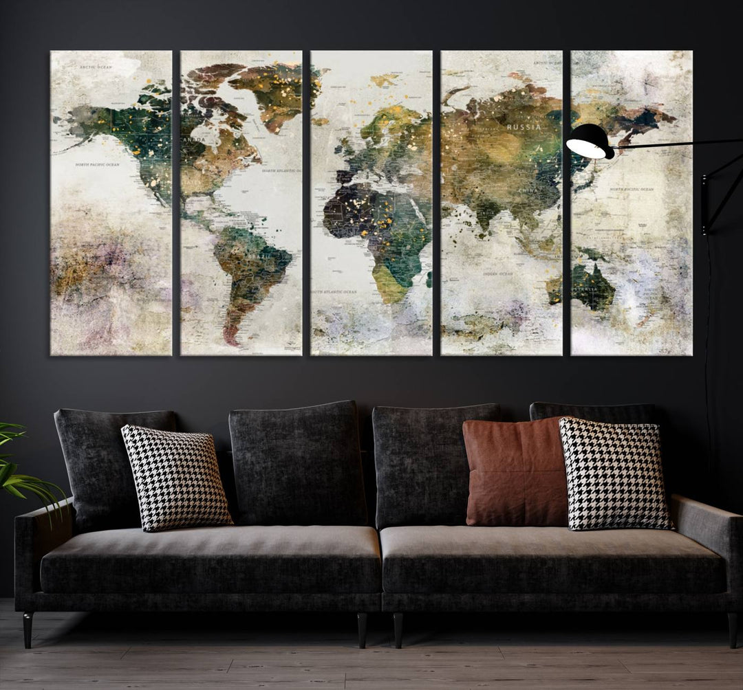 Carte du monde, impression d'art mural, carte sur toile, ensemble mural de 3 panneaux, cadeau, carte de voyage