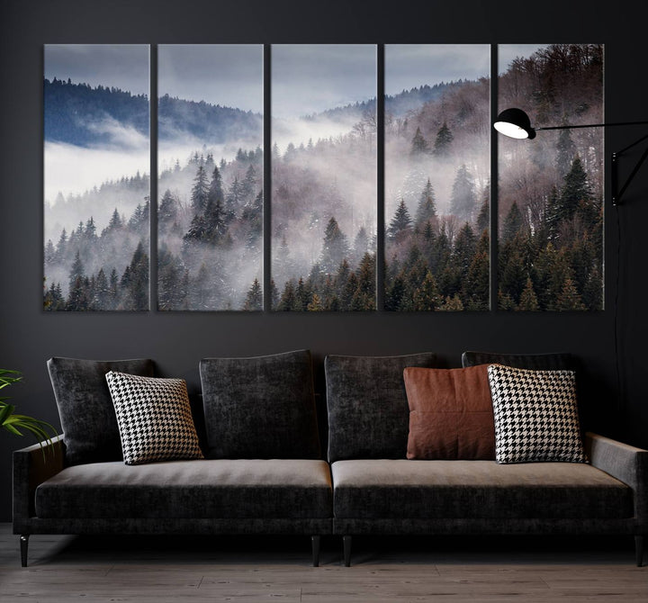 The "Beautiful Rising Fog in Winter Mountain Landscape" wall art is presented on museum-quality canvas, adding a striking visual element to the living room.