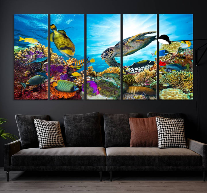 The Aquatic Life Sea Turtles Fish Wall Art Canvas Print is a triptych of vibrant underwater scenes featuring a sea turtle, various fish, and colorful coral. Crafted on museum-quality canvas, this handcrafted masterpiece brings the ocean to life in any space.