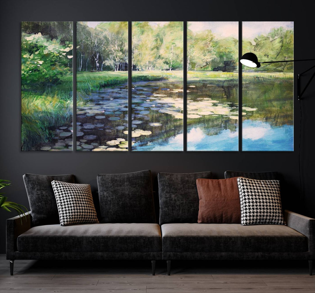 The "Forest Pond River Lake Wall Art Canvas Print" showcases a serene lakeside landscape with trees and water lilies. Crafted on museum-quality canvases and enhanced with UV-protective coating, this piece serves as an elegant addition to any space.