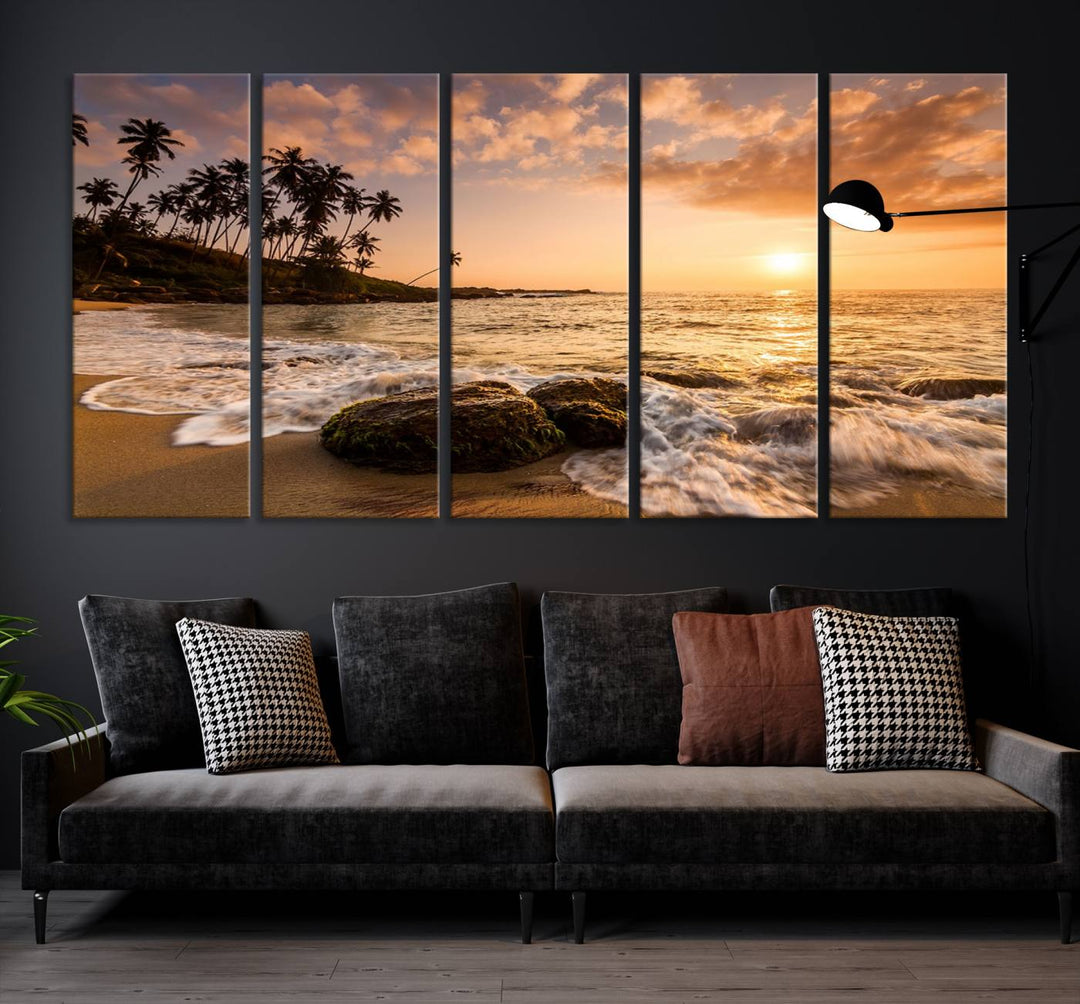 The "Tropical Island Sunset Sunrise Wall Art Canvas Print" is a stunning triptych that showcases a tranquil beach sunset complete with waves and palm trees. Each canvas piece is meticulously hand-assembled and framed using museum-quality polycotton with a UV-protective coating to ensure enduring beauty.