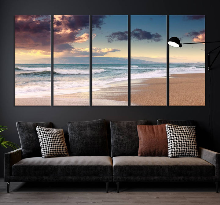 Arte de la pared del amanecer del atardecer de la playa del clima nublado Lienzo