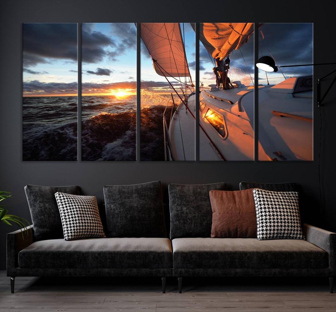 The modern living room is adorned with the Ocean Sunset Sailboat Wall Art, a triptych crafted on museum-quality canvas featuring UV-protective coating for lasting vibrancy.