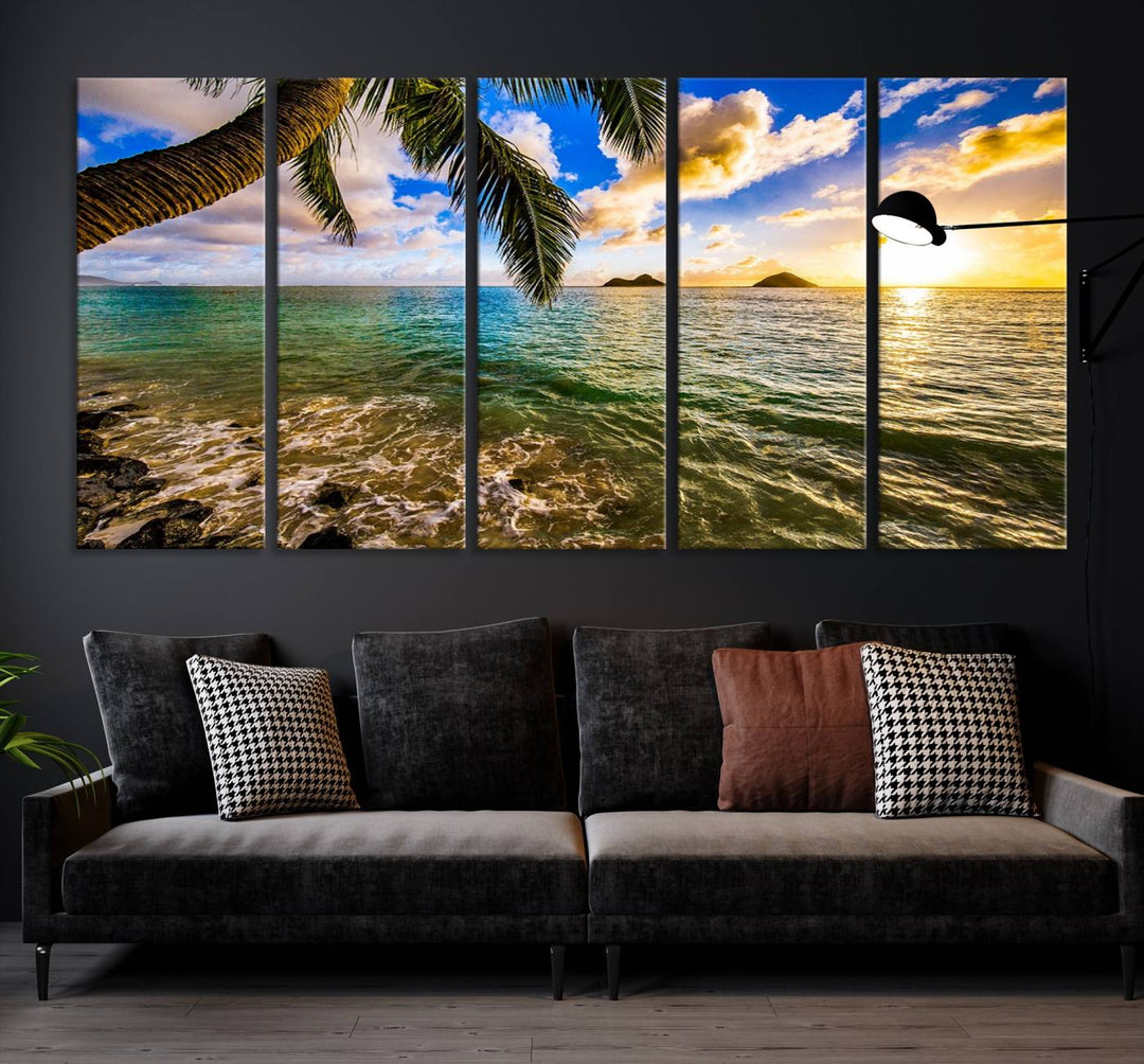 The Sunset Lake View Wall Art Canvas Print, gallery wrapped on a museum-quality canvas, enhances the vibrant living room decor with its UV-protective coating.