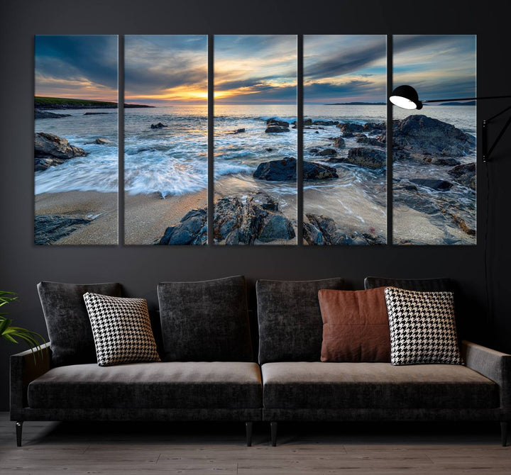 The "Beautiful Stormy Sunset at Bagh Steinigidh Beach Stones" triptych ocean-themed wall art is displayed on museum-quality canvas and features a UV-protective coating.