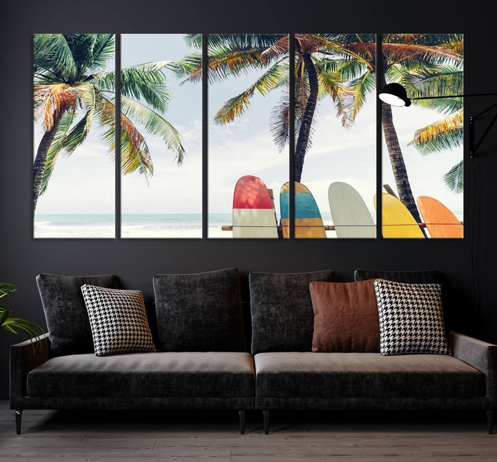 The room showcases The Palm and Surfing Board Wall Art Canvas Print, a triptych of palm trees and surfboards by the beach, elegantly gallery wrapped for a sophisticated finish.