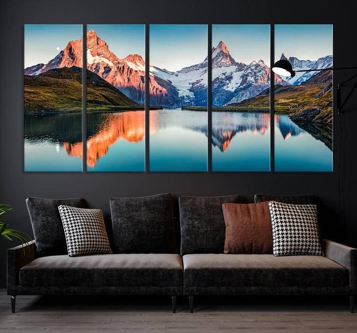 The living room features the Landscape Mountain and Lake View Wall Art Canvas Print. This triptych is expertly handmade in the USA on museum-quality canvas and includes a UV-protective coating to ensure lasting beauty.