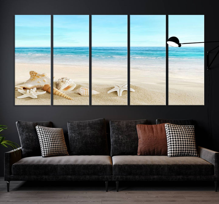 The "Turquoise Ocean View Seashell Starfish on the Beach Canvas Print Artwork" is a triptych piece that showcases a tranquil beach scene, complete with seashells and starfish adorning the sand. It is elegantly gallery-wrapped on museum-quality canvas.