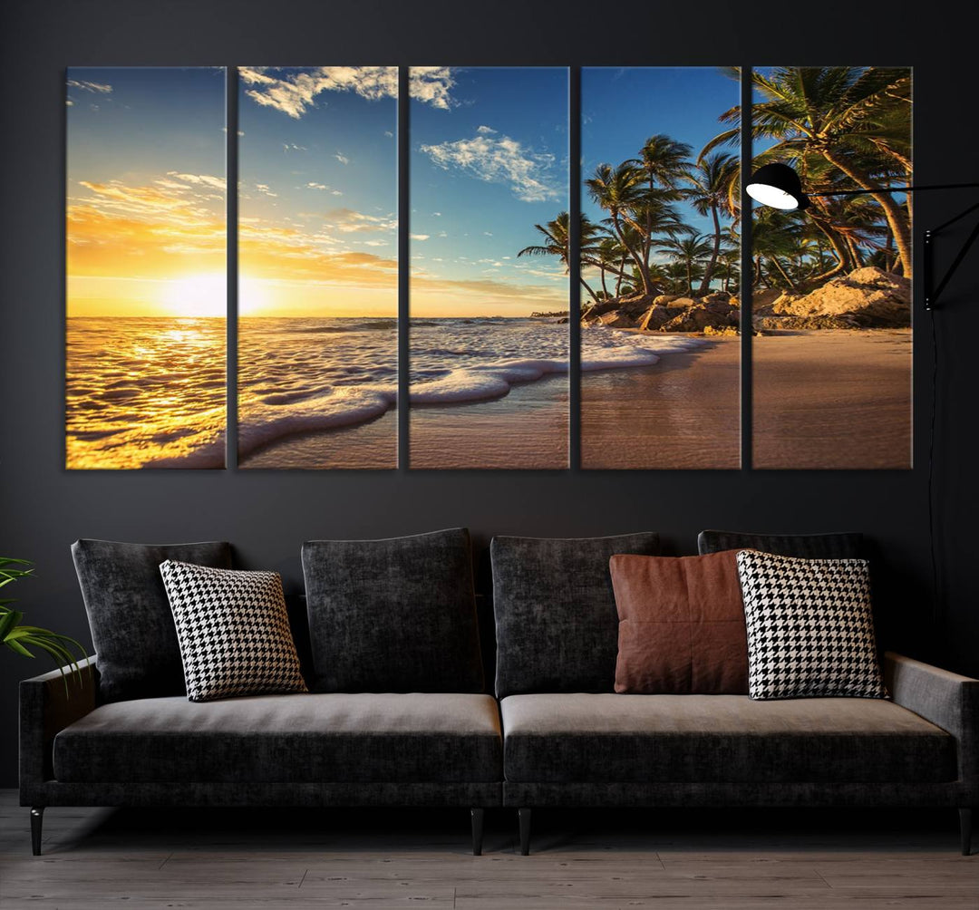 The wall features a Sunset Ocean View Beach Canvas Print, showcasing museum-quality craftsmanship by professional artisans.