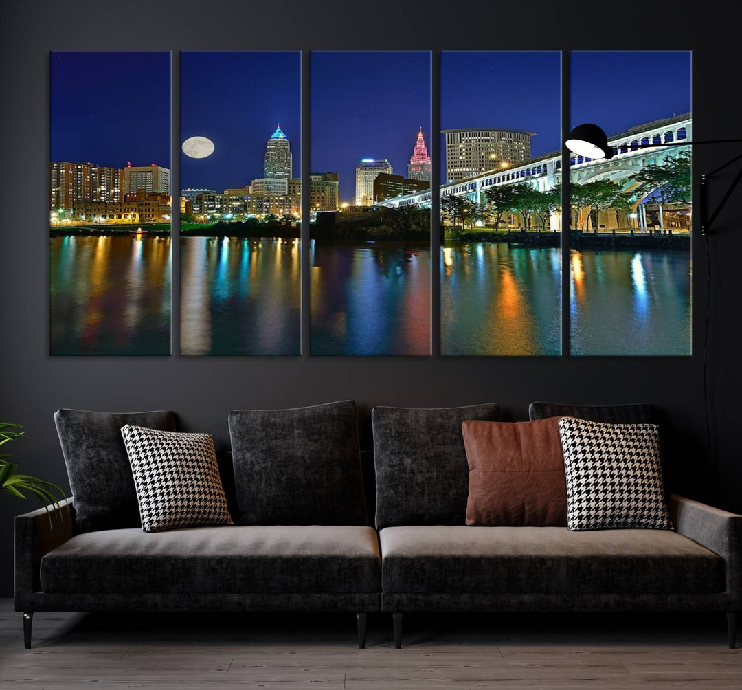 Cleveland City Lights Night Skyline, a stunning triptych wall art cityscape canvas print with museum-quality UV-protective coating, is beautifully showcased.