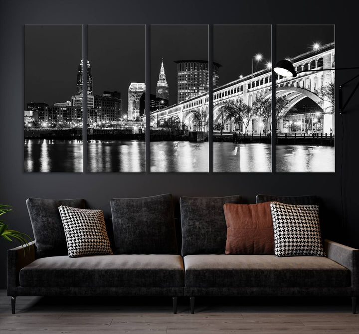 Enhance your space with the Cleveland Night Skyline Wall Art City Cityscape Canvas Print, a museum-quality black and white triptych. This ready-to-hang masterpiece is designed to elevate any room's aesthetic.