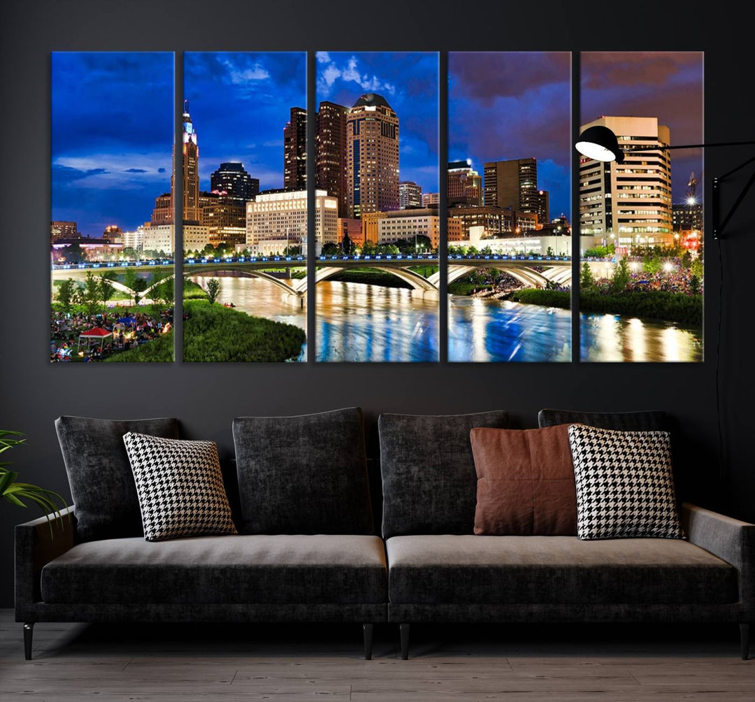 The Columbus City Lights Night Bright Blue Cloudy Skyline Cityscape View Wall Art Canvas Print, crafted on museum-quality canvas and finished with a UV-protective coating, adorns the wall.