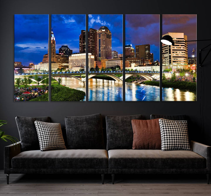 The Columbus City Lights Night Bright Blue Cloudy Skyline Cityscape View Wall Art Canvas Print, crafted on museum-quality canvas and finished with a UV-protective coating, adorns the wall.