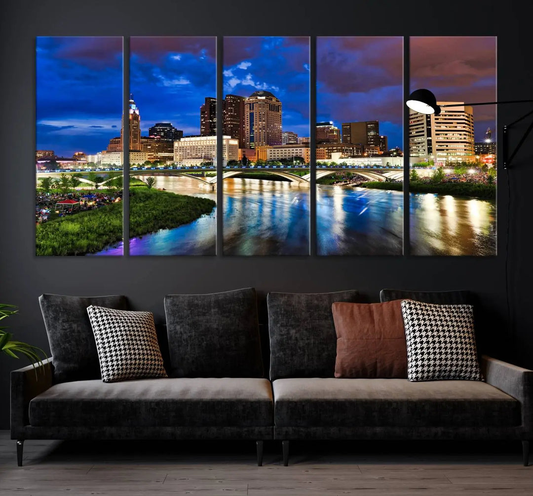 Columbus City Lights Night Bright Blue Cloudy Skyline Cityscape View Wall Art Canvas Print, gallery wrapped on museum-quality canvas, reflecting on a river.