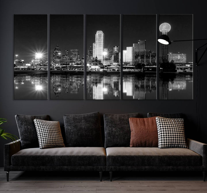 The living room showcases the Dallas City Lights Skyline Black and White Wall Art Cityscape Canvas Print. This museum-quality artwork is ready to hang and features a UV-protective coating to maintain its vibrant colors.