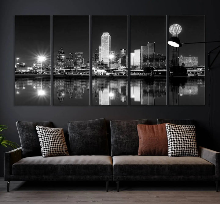 The Dallas City Lights Skyline Black and White Wall Art Cityscape Canvas Print is a striking addition to any space. These museum-quality canvases feature a UV-protective coating to maintain their beauty over time. Enjoy the convenience of free shipping when you choose this elegant piece for your home.