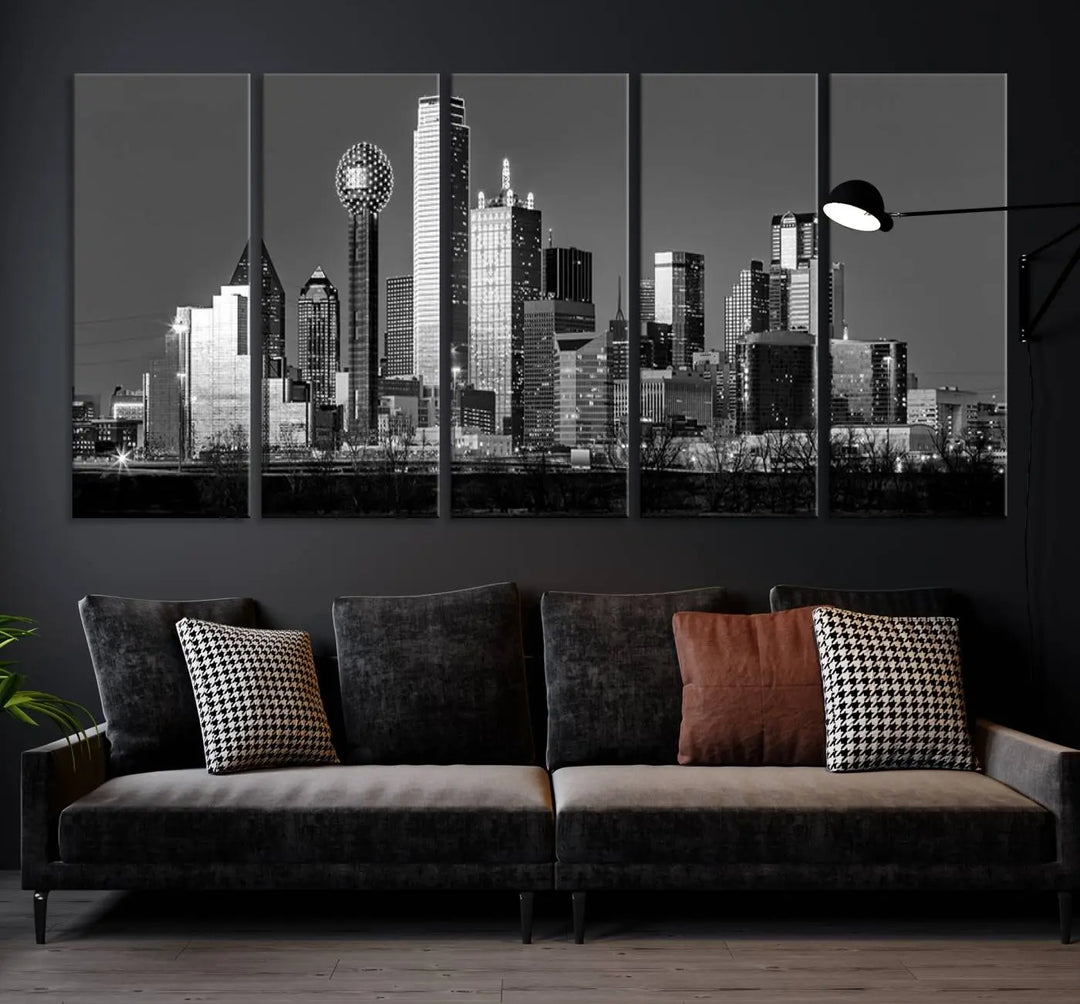 A black and white triptych of the Dallas city skyline is displayed, crafted on museum-quality canvas. This wall art piece is ready to hang, with each component adorned with a UV-protective coating to maintain its captivating appeal.