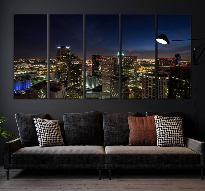 A living room showcasing a Dallas City Lights Night Skyline Cityscape View Wall Art Canvas Print, a three-panel artwork on museum-quality canvas with vibrant colors and durability.