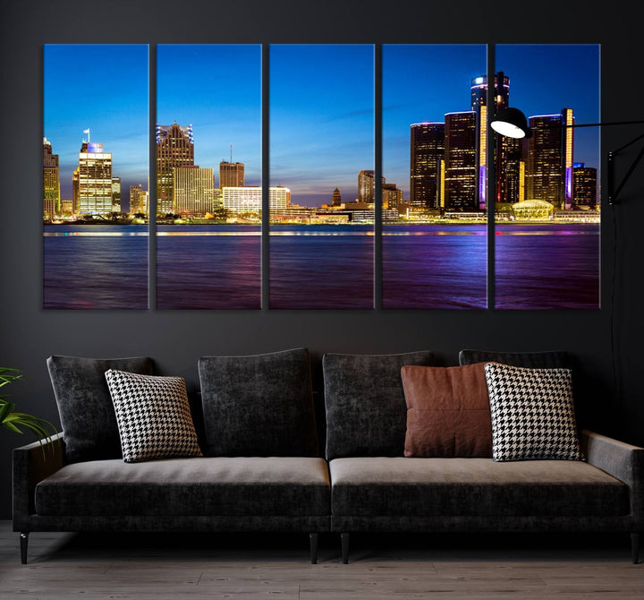 The living room features a breathtaking canvas print titled "Detroit City Lights Night Bright Blue Skyline Cityscape View," presented in a stunning triptych format on museum-quality canvases that are ready to hang.