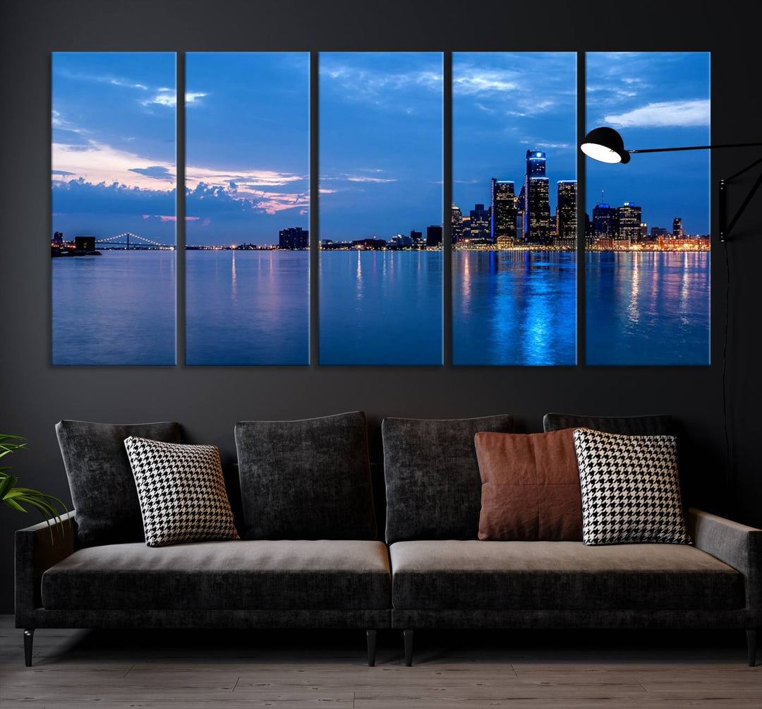 The "Detroit City Lights Night Blue Cloudy Skyline Cityscape View" wall art, displayed on museum-quality canvases, is split into three gallery-wrapped panels.