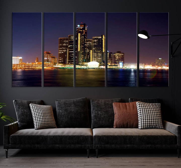 The Detroit City Lights Night Skyline Cityscape View Wall Art Canvas Print, elegantly split into three panels, is made from museum-quality pollycotton and gallery wrapped for a sophisticated touch. It is available with free shipping to effortlessly elevate your space.