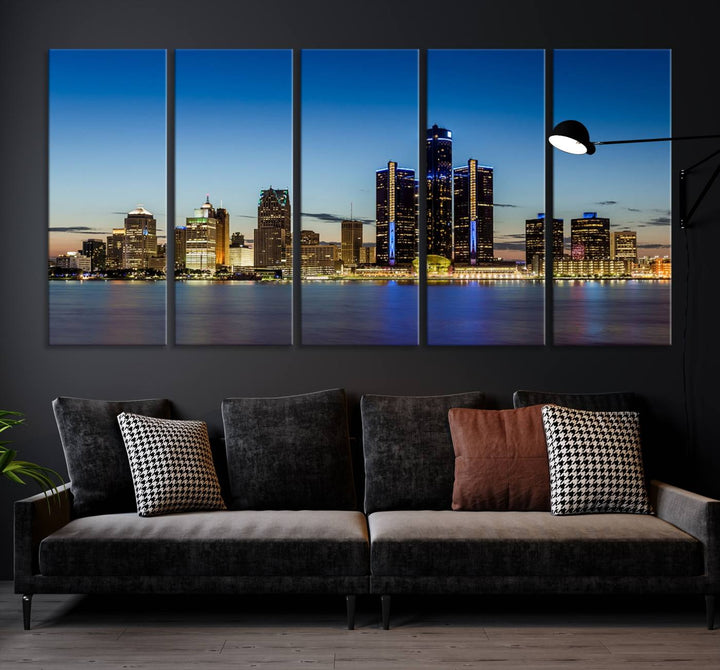 The "Detroit City Lights Sunrise Skyline Cityscape View Wall Art Canvas Print" on the wall is a triptych gallery-wrapped on museum-quality canvas, adding an elegant touch to the space.