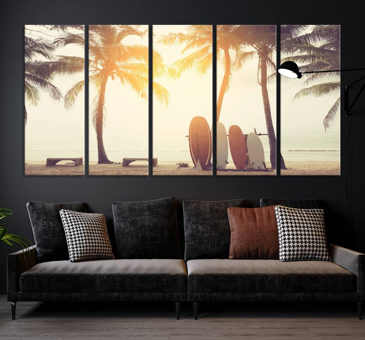 Surfboard and Palm Tree on Beach Double Exposure with Colorful Bokeh Sunset Light Wall Art Canvas