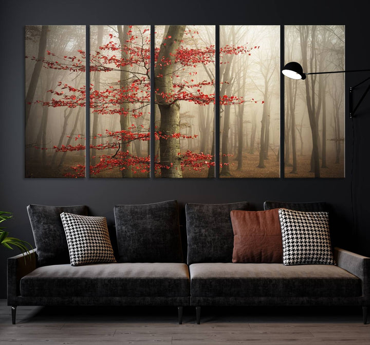 The living room features the Foggy Forest Wall Art, an Autumn Trees Canvas Print that showcases a serene nature scene with foggy woodland decor and a tree adorned in vibrant red leaves.