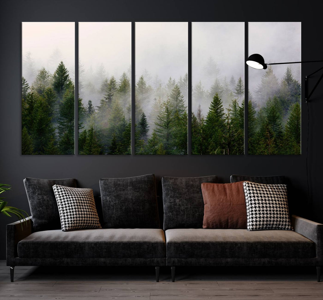 A 3-panel Misty Pine Forest Wall Art Canvas Print, featuring a green woodland scene, adorns the wall.