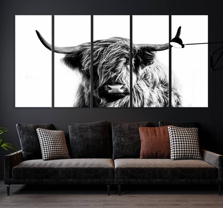 The Scottish Highland Cow Cattle Art Print Farmhouse Wall Art Canvas Print enhances rustic farmhouse decor with its depiction of a long-haired, large-horned cow. This triptych is an ideal choice for chic wall art.