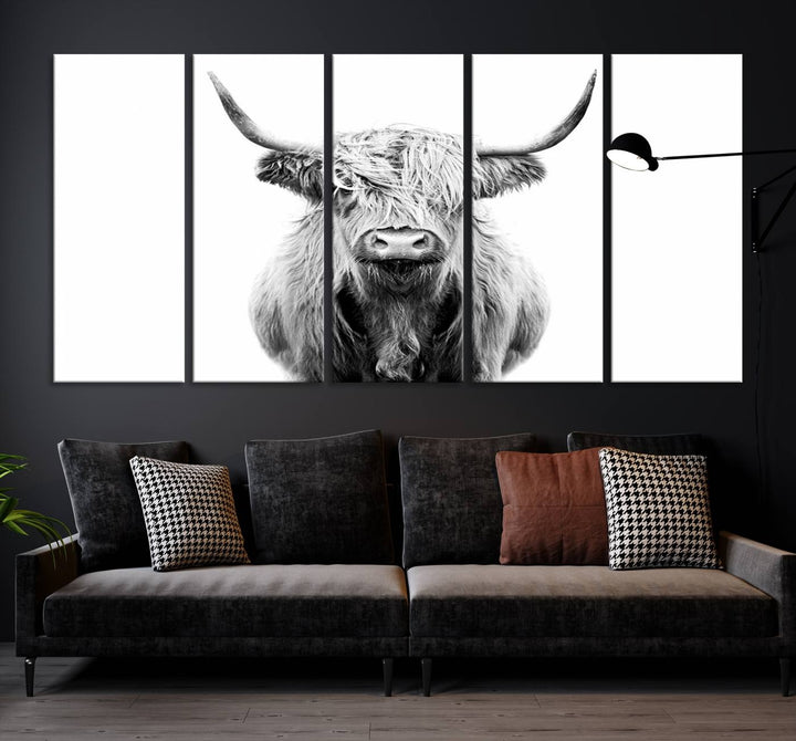 The wall art features a triptych of a Scottish Highland cow, printed on museum-quality canvases with a UV-protective coating. This decorative piece is known as the Highland Cow Canvas Wall Art Farm House Wall Art.