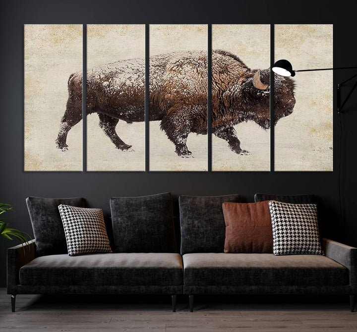 The "Buffalo Wall Art" canvas print, featuring a Western bison, hangs prominently, infusing the space with rustic cowboy and Western decor.