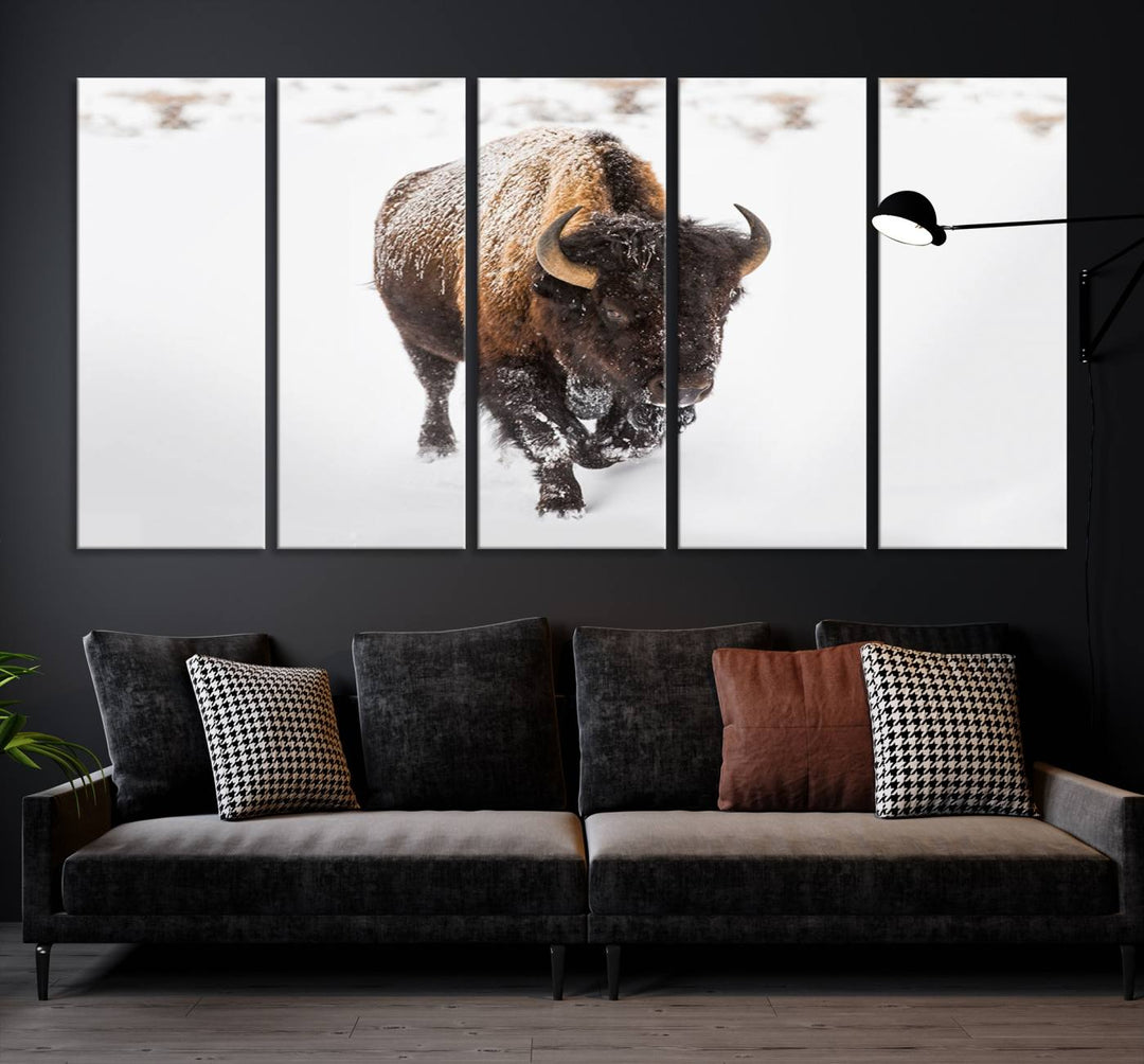 The Bison Winter Wall Art Canvas Print for Farmhouse Decor is displayed as a triptych in the living room. This artwork, printed on museum-quality canvases with a UV-protective coating to maintain its vibrant colors, is the focal point of the space.