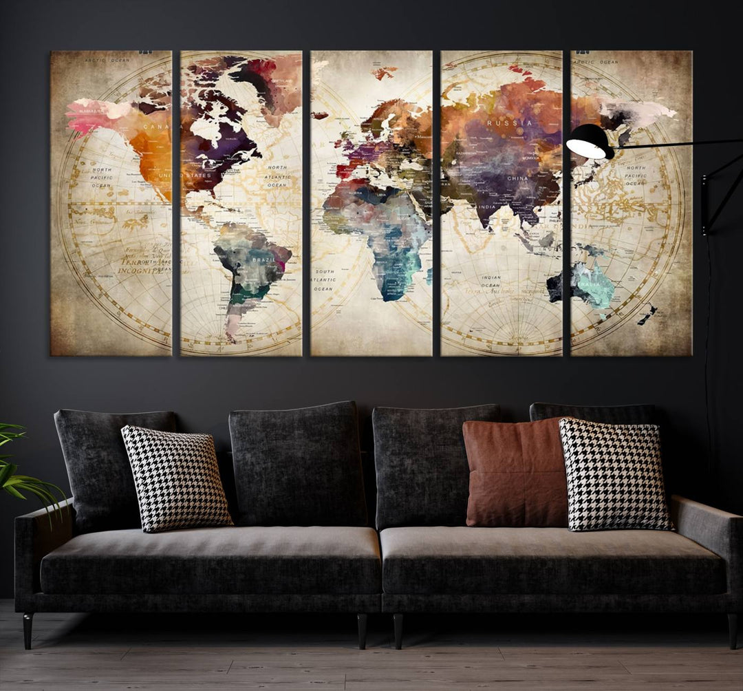 A World Map Wall Art Canvas Print featuring vibrant colors is crafted on museum-quality canvas, adding a touch of elegance to the room.