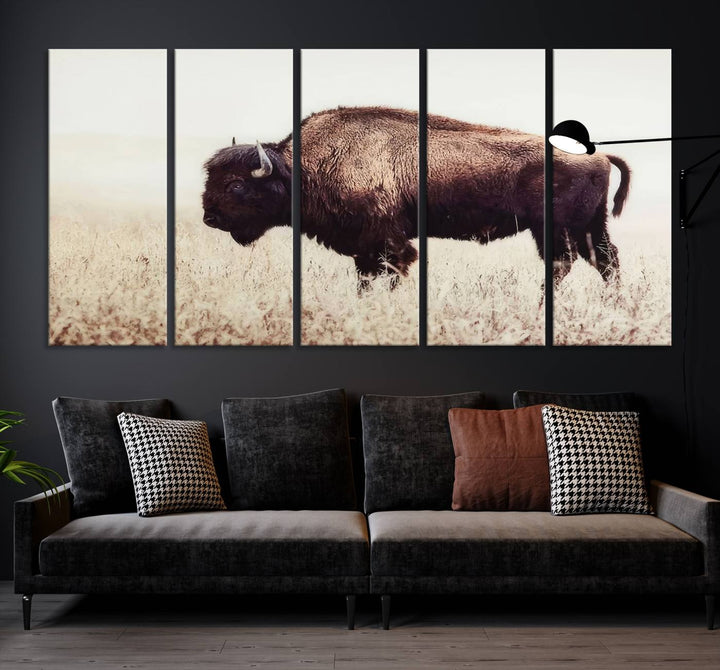 A stylish living room showcases the captivating "Bison in Field" Wall Art Canvas Print as farmhouse decor.