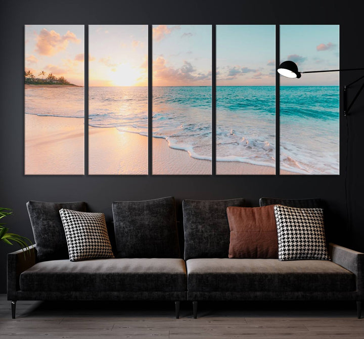 Beach Sunrise Wall Art - multi-panel ocean wave canvas print with a calming seascape scene, perfect for coastal decor.