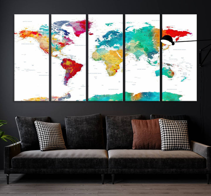 A stunning Colorful World Map Triptych Canvas Print, featuring a ready-to-hang framed design, adds vibrancy and modern flair to the space, effortlessly elevating the entire home décor.