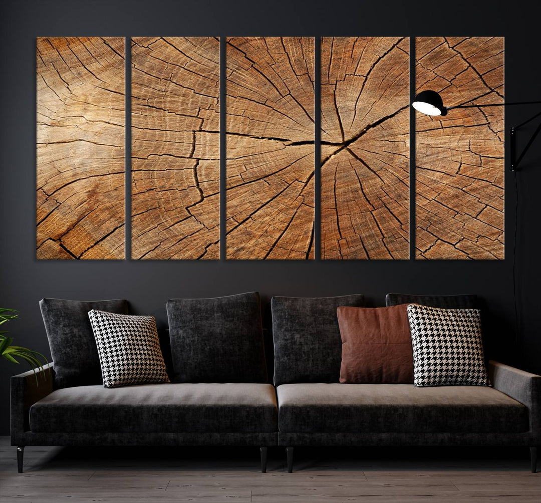 The stunning multi-panel wall art piece, the Tree Ring Canvas Art, features intricate rustic wood grain textures. This giclee triptych hangs elegantly on the wall.