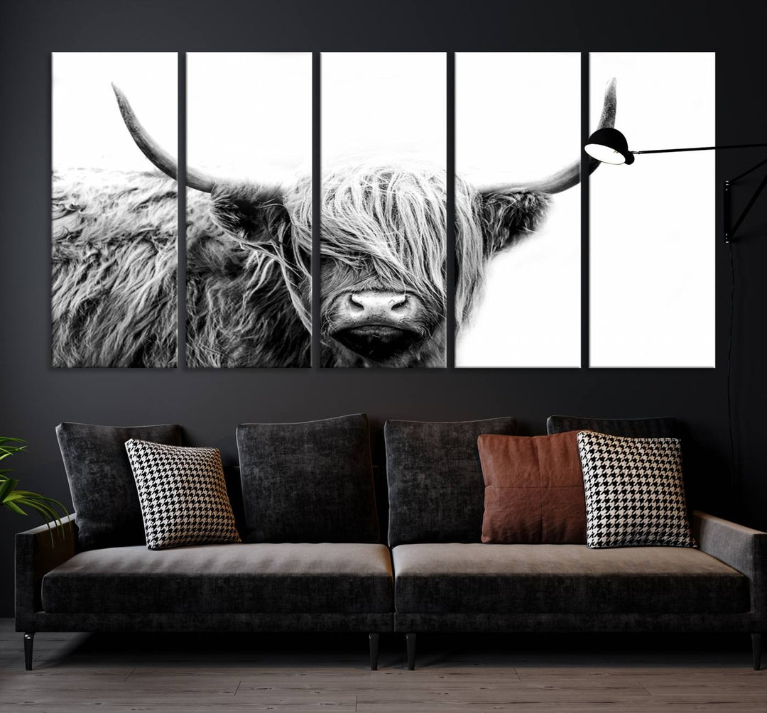 A museum-quality triptych titled "Black White Scottish Highland Cow Cattle Art Print Farmhouse Wall Art Canvas Print" embellishes the dark wall. The canvas is equipped with a UV-protective coating to ensure lasting vibrancy.