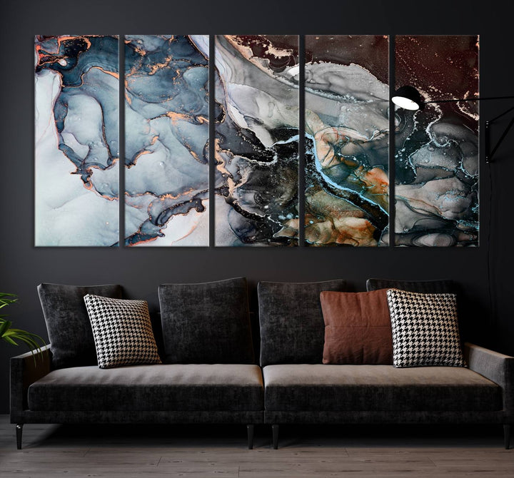 The Mix Color Large Abstract Marble Wall Art Canvas Print is printed on museum-quality canvas. It features a UV-protective coating and is ready to hang, adding elegance to the room.