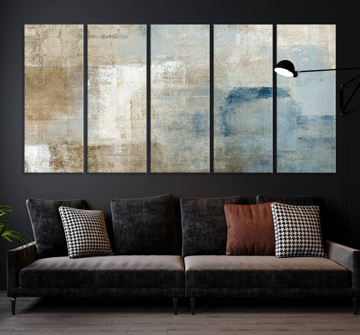 Abstract Blue and Beige Wall Art, Modern Minimalist Canvas Print Set, Giclee Textured Art, Large Multi-Panel Artwork for Living Room