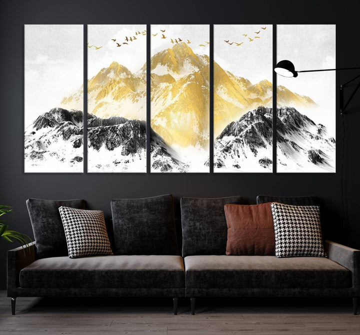 Golden Mountain Triptych Wall Art, Modern Giclee Canvas Print, Nature Landscape Decor for Living Room, Contemporary Gold and Black Wall Art