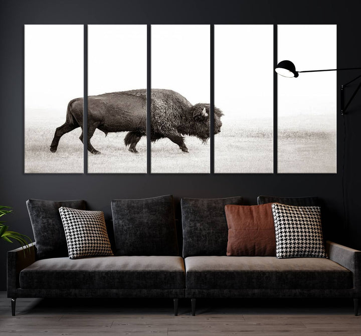 American Bison in Grasslands Triptych Canvas Wall Art – Western-Inspired Nature Decor for Home or Office