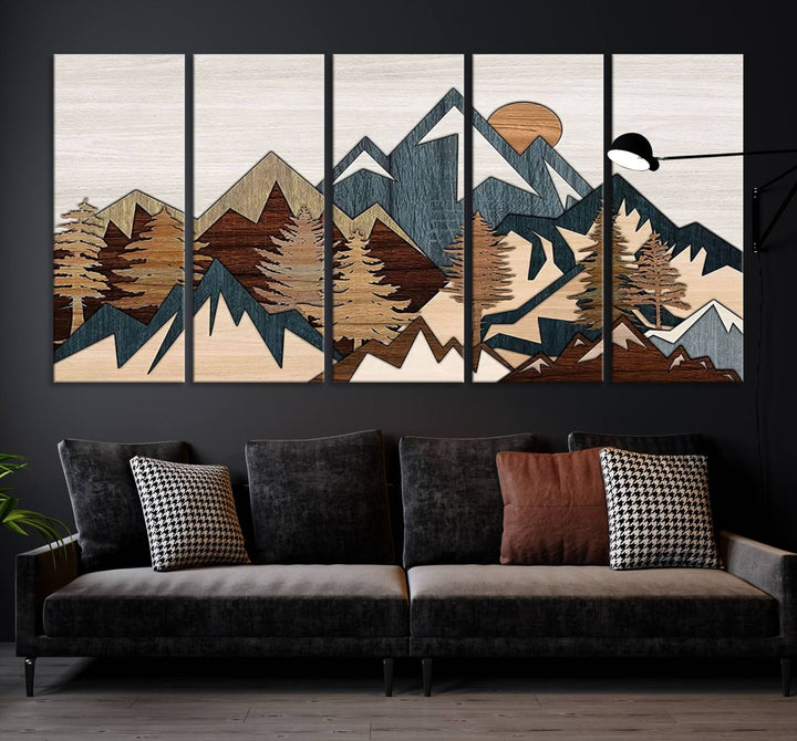 Woodland Mountain Landscape Triptych, Giclee Canvas Art for Modern Home, Rustic Wooden Nature Wall Art, Large Mountain and Tree Canvas for Living Room