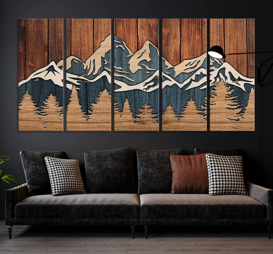 Impression sur toile d'art mural abstrait avec effet de panneau de bois, chaîne de montagnes