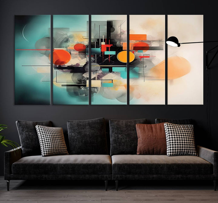 Modern living room featuring a Geometric Colorful Abstract Wall Art Canvas Print.