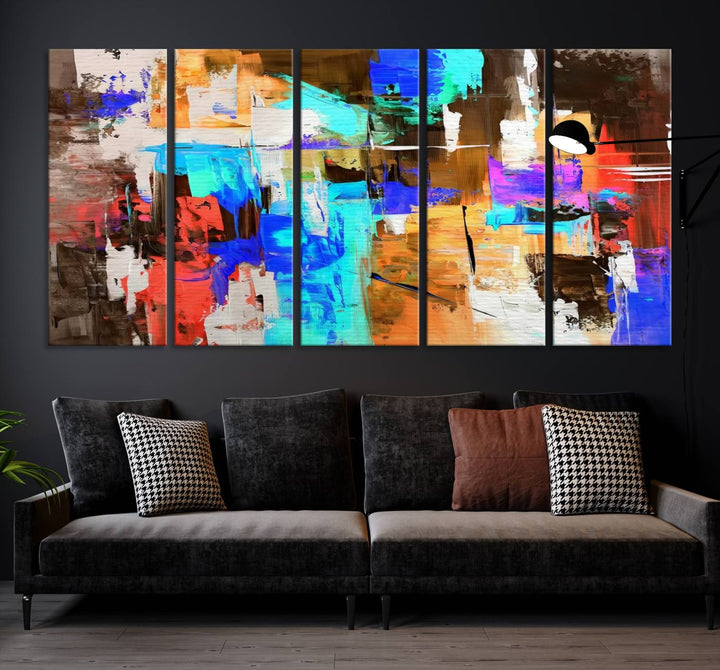 In a modern living room, the "Colorful Abstract Wall Art Canvas Print" serves as a stunning triptych centerpiece on museum-quality canvas, ready to hang. Its UV-protective coating ensures enduring vibrancy.