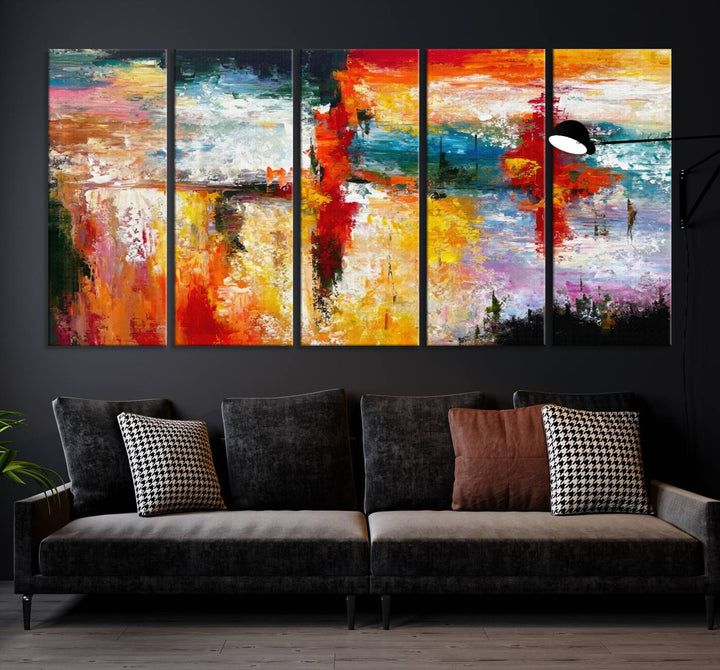 A Colorful Abstract Wall Art Canvas Print graces the wall, making this ready-to-hang masterpiece, complete with UV-protective coating, perfect for elevating any space with its vibrant allure.